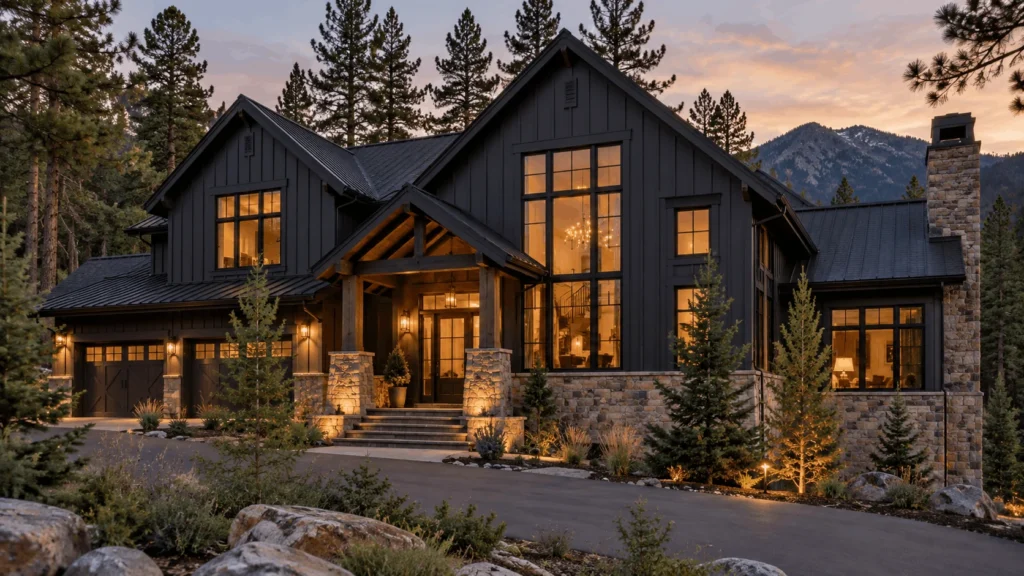 Modern mountain home finished with dark vertical board and batten siding