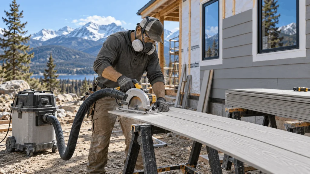 Installer in a respirator cutting fibre cement siding with a dust-collecting saw