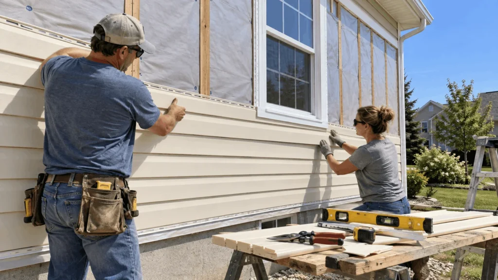 Two people hanging cream vinyl siding panels around a window with J-channel