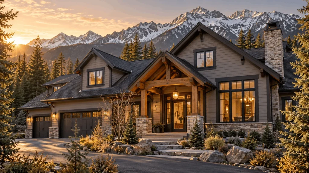 Finished mountain home with warm grey fibre cement lap siding and dark trim