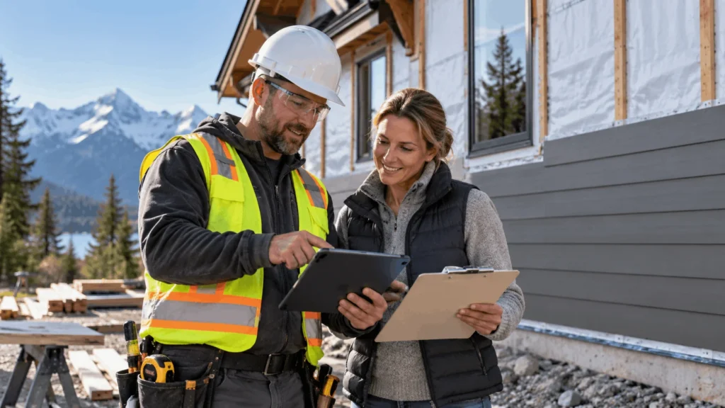 Siding contractor reviewing a project with a homeowner in front of a house