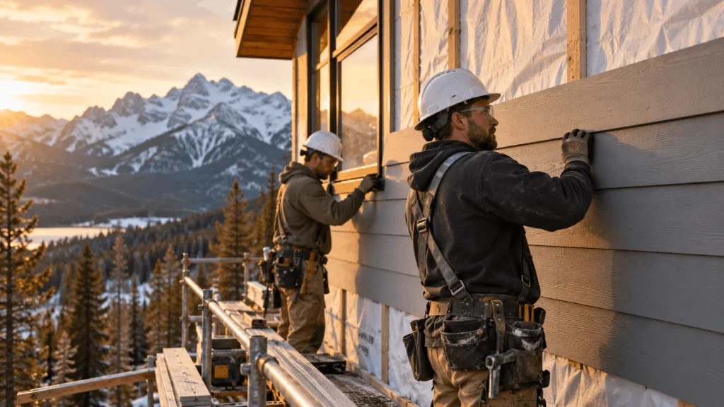 Crew installing grey Hardie fibre cement lap siding on a mountain home