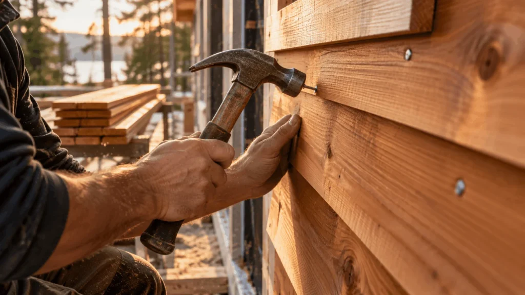 Carpenter nailing a western red cedar siding board with stainless steel nails