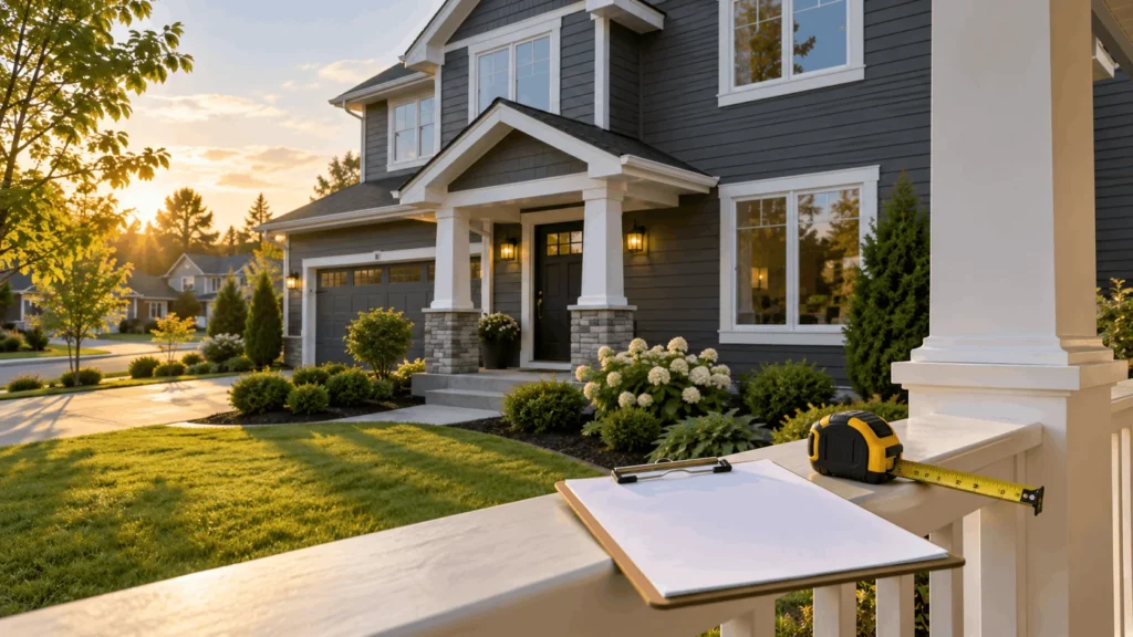 Newly sided home with grey vinyl siding and an estimate clipboard on the porch