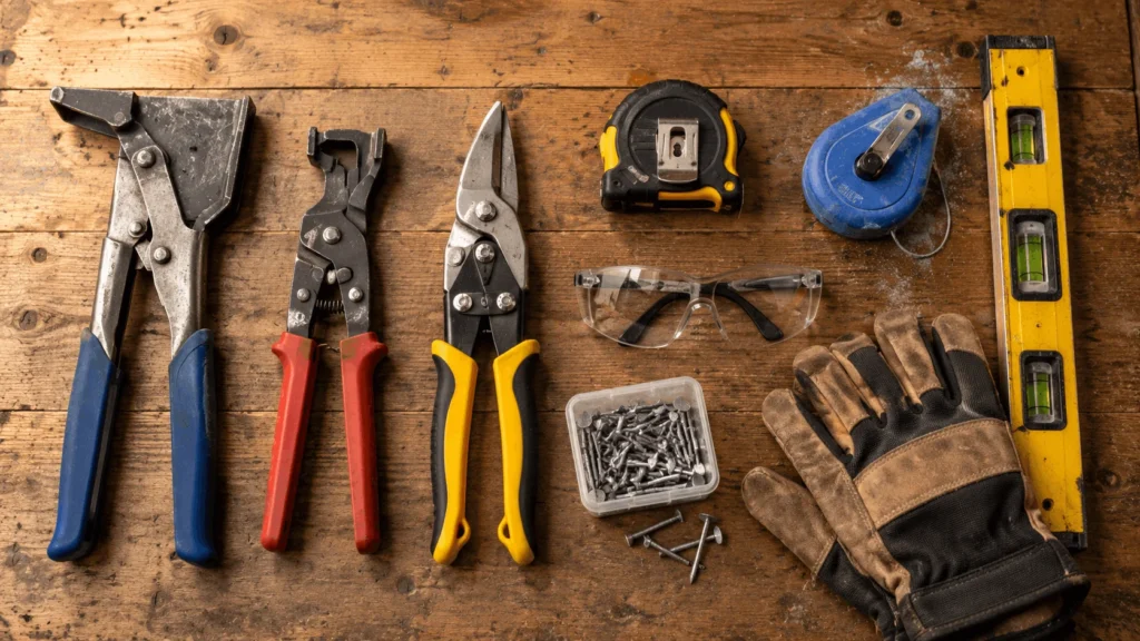 Zip tool, snap lock punch, snips, level and safety gear laid out on a workbench